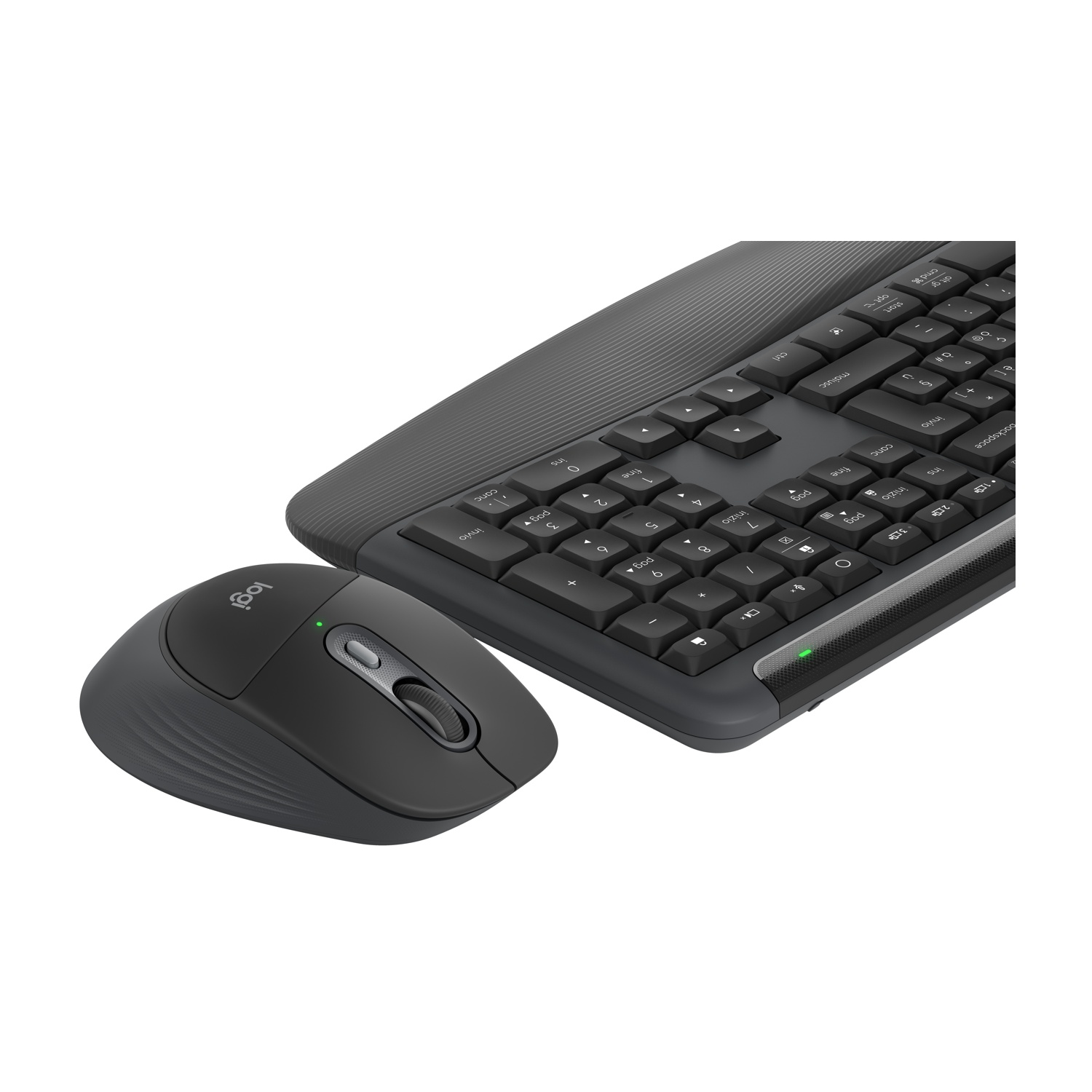 Un mouse e una tastiera wireless Logitech grigio scuro sono mostrati su sfondo bianco.