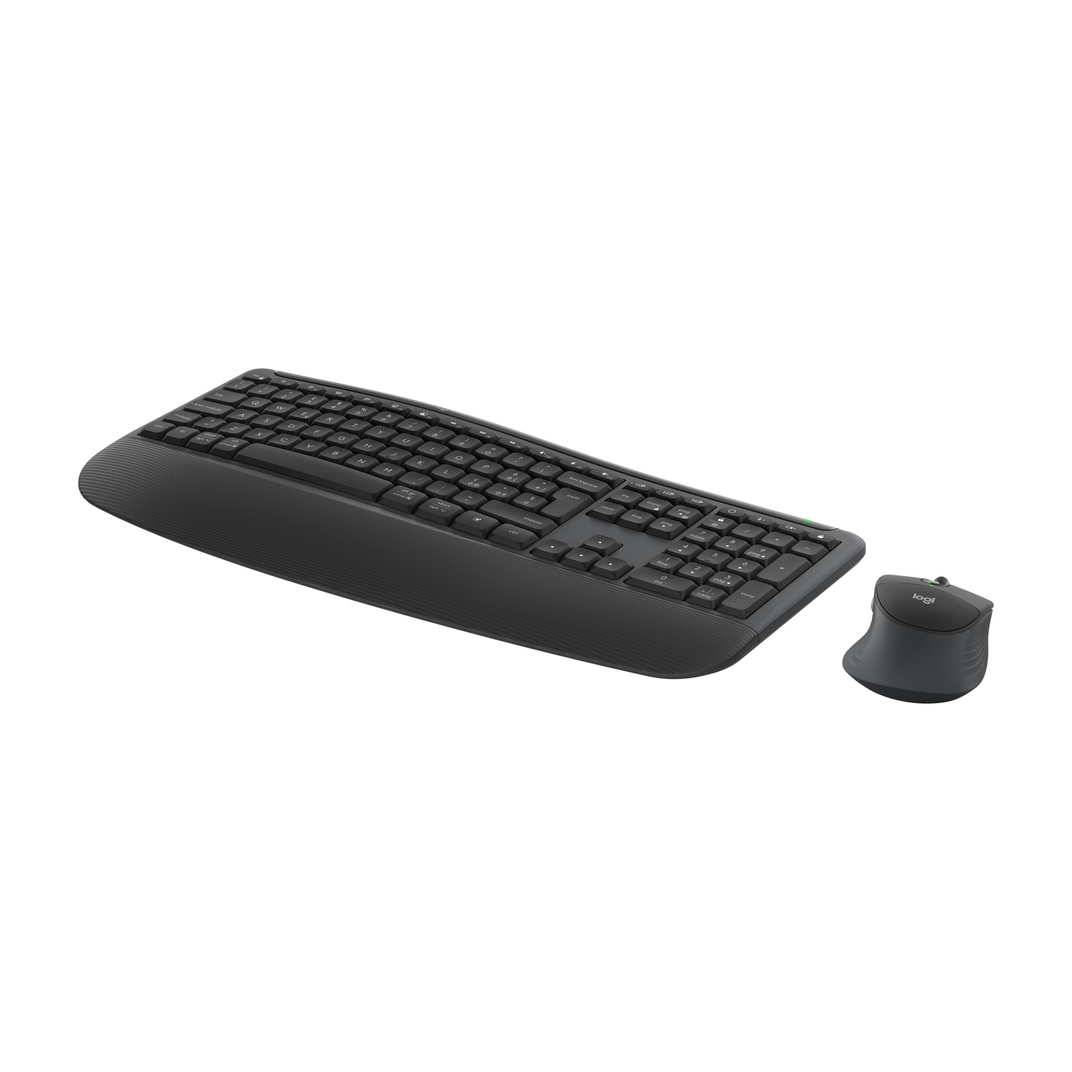 Un set di tastiera e mouse wireless scuro su sfondo bianco.