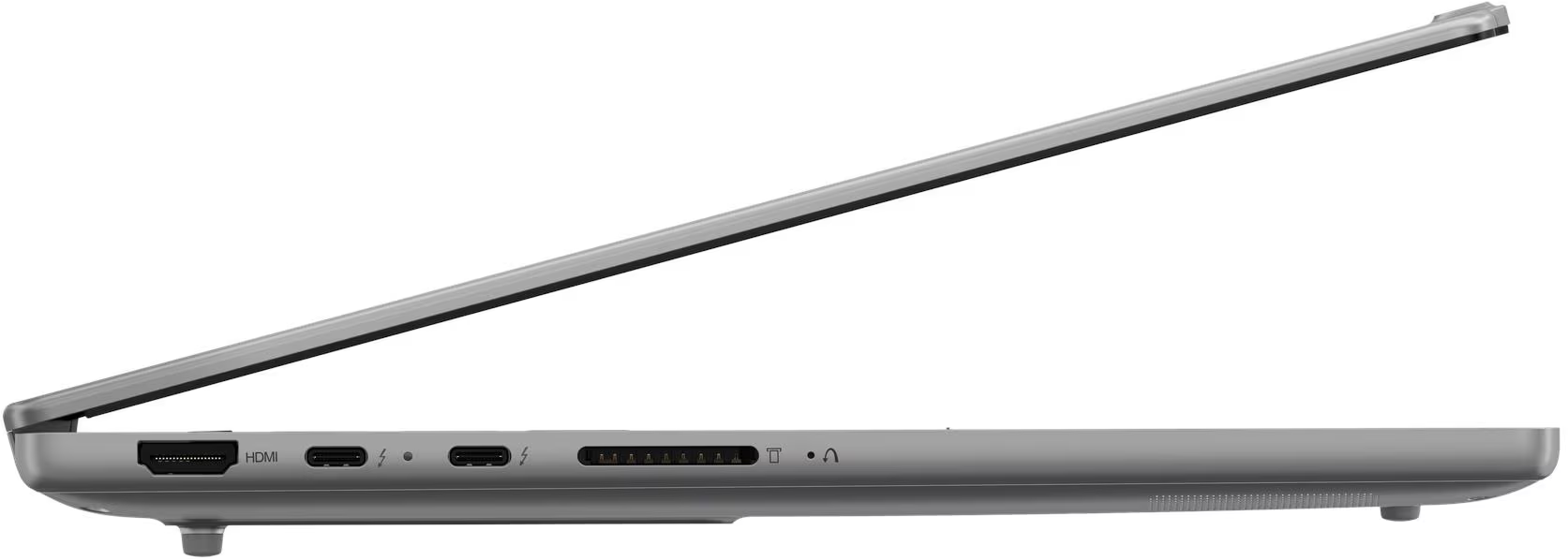 Szürke laptop nyitott fedéllel, oldalt csatlakozókkal.