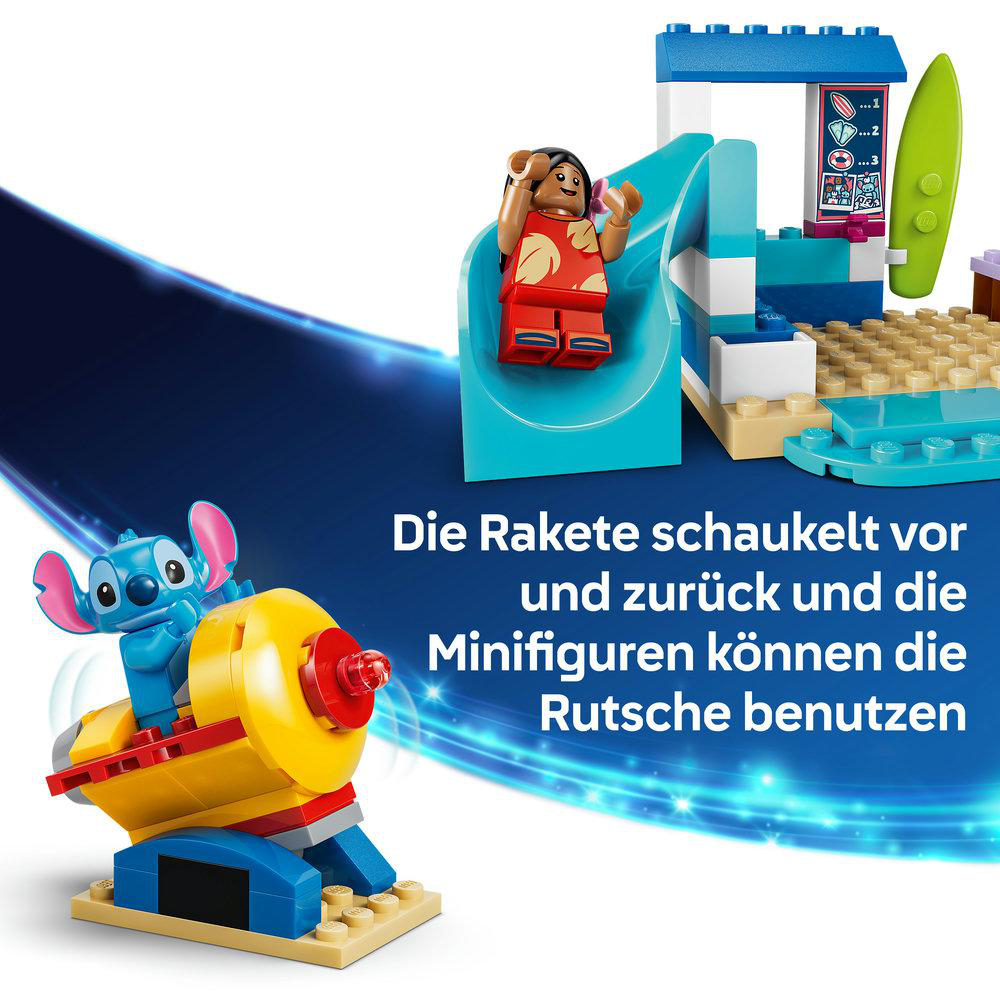 Ein Stitch-Minifiguren-Set mit Rakete, Rutsche und Surfbrett.