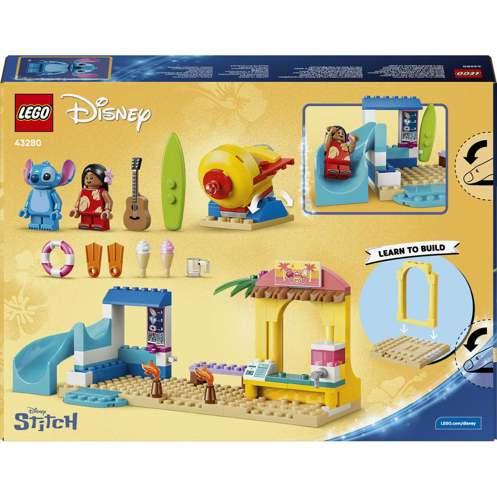 Lego Disney Stitch Set mit Figuren, Surfbrett, Gitarre und Spielsets.