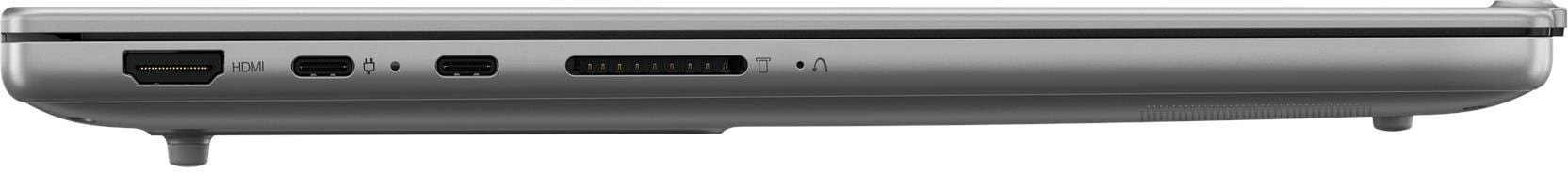 Szürke laptop HDMI, USB-C és tápcsatlakozókkal.