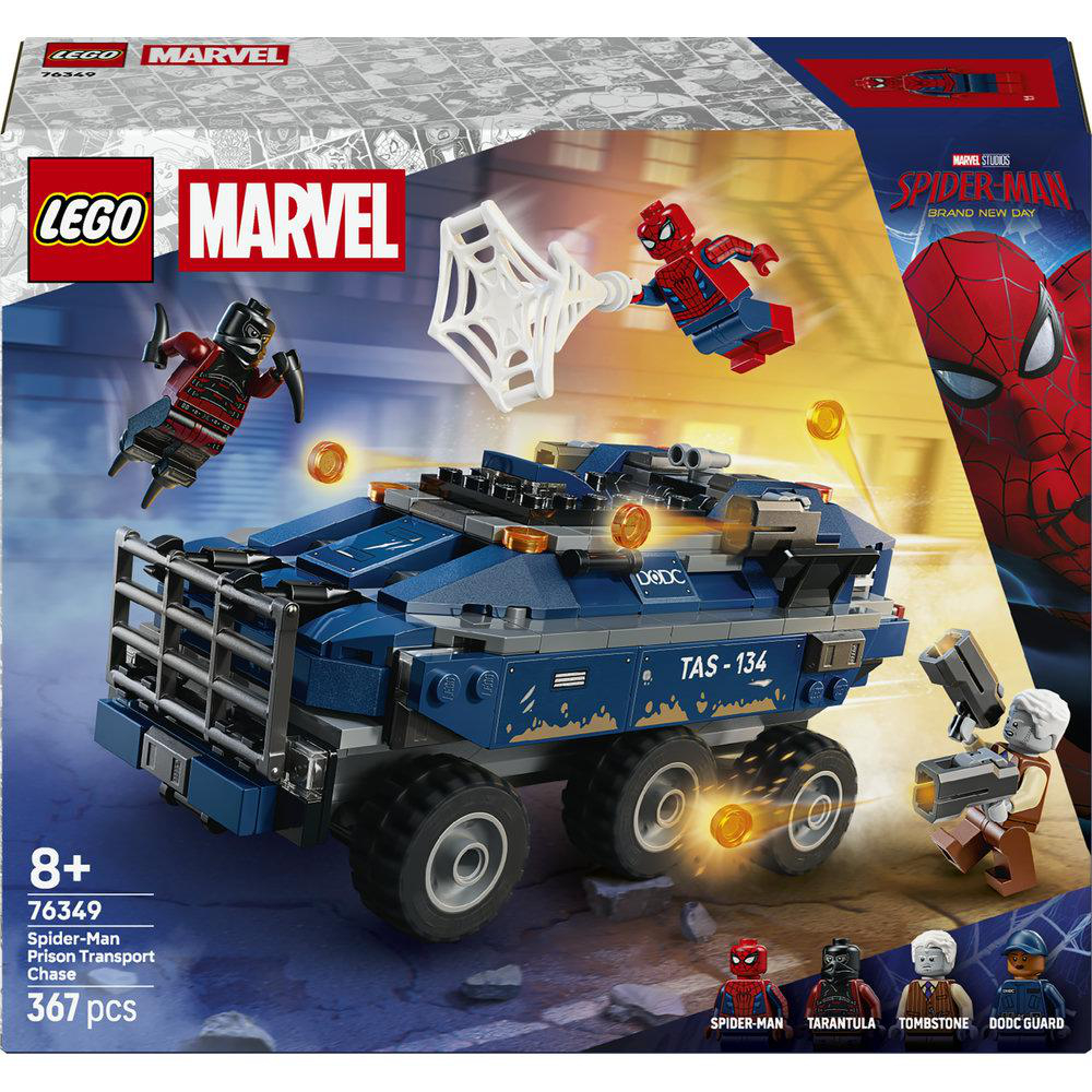 LEGO Marvel Spider-Man Gefangenentransport-Verfolgungsset mit Figuren und Fahrzeug.