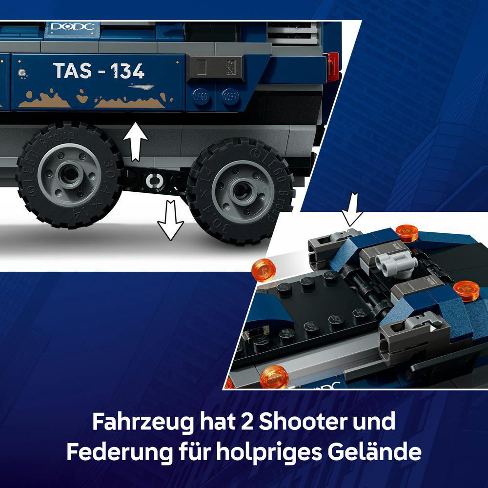 Blaues LEGO Fahrzeug mit 2 Shootern und Federung, Modell TAS-134.
