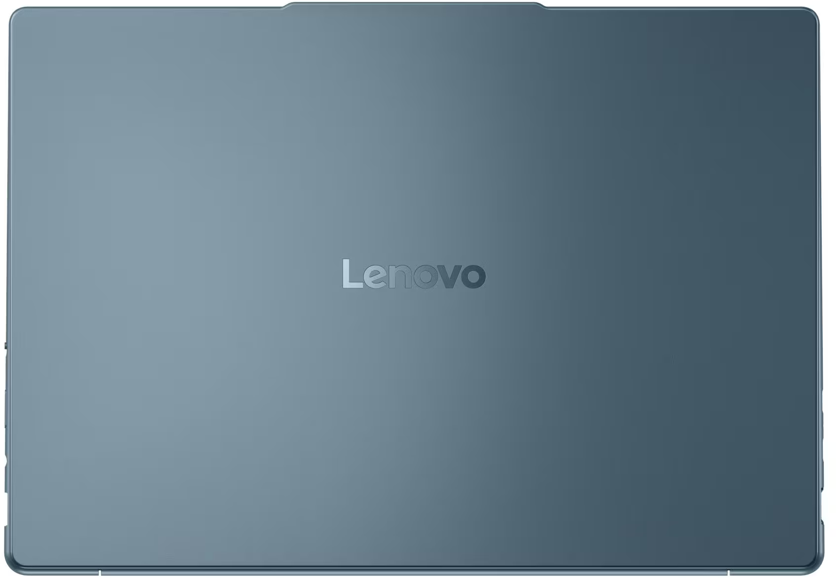 Zárt, kék Lenovo laptop, logóval középen a fedélen.