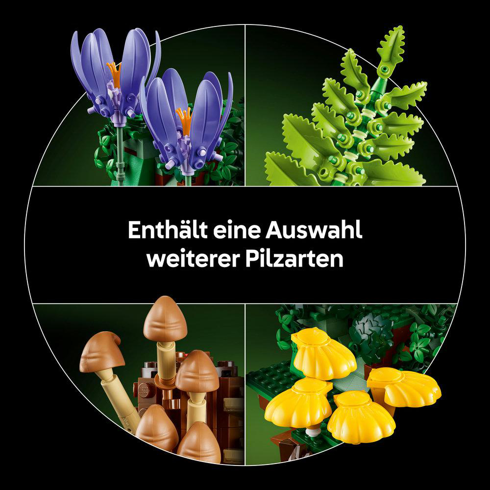 Vier Bildausschnitte zeigen LEGO-Pflanzen und Pilze.