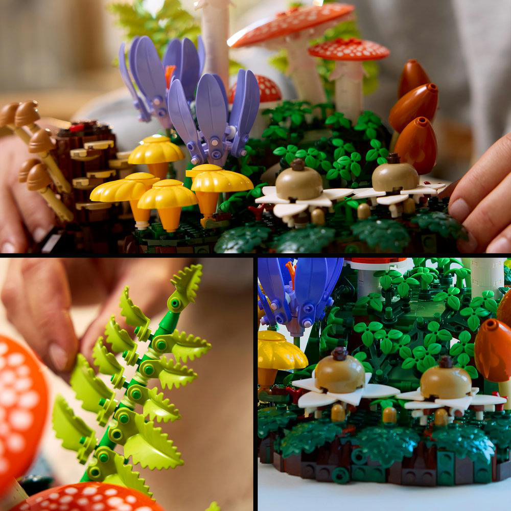 Bunte Lego-Waldszene mit Pilzen, Blumen und Farnen im Detail.