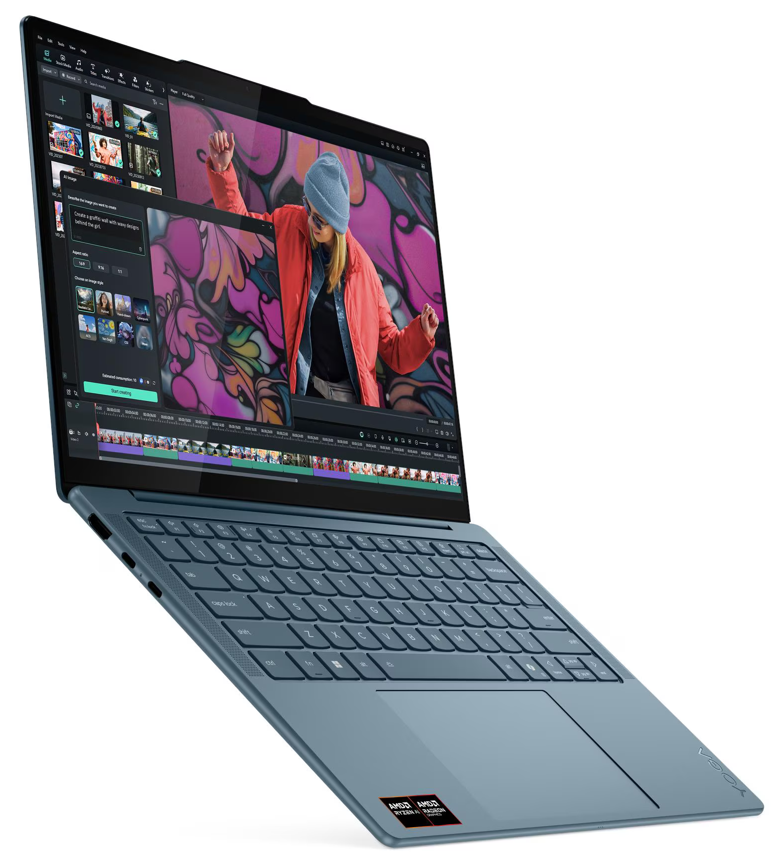 Egy kék laptop videószerkesztő szoftvert jelenít meg, egy nő képével.