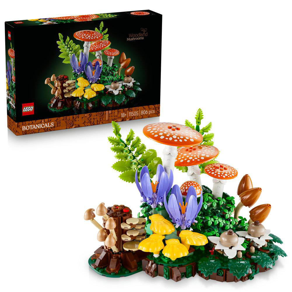 LEGO Woodland Mushrooms Set mit roten Fliegenpilzen, lila Blumen und grünen Blättern.