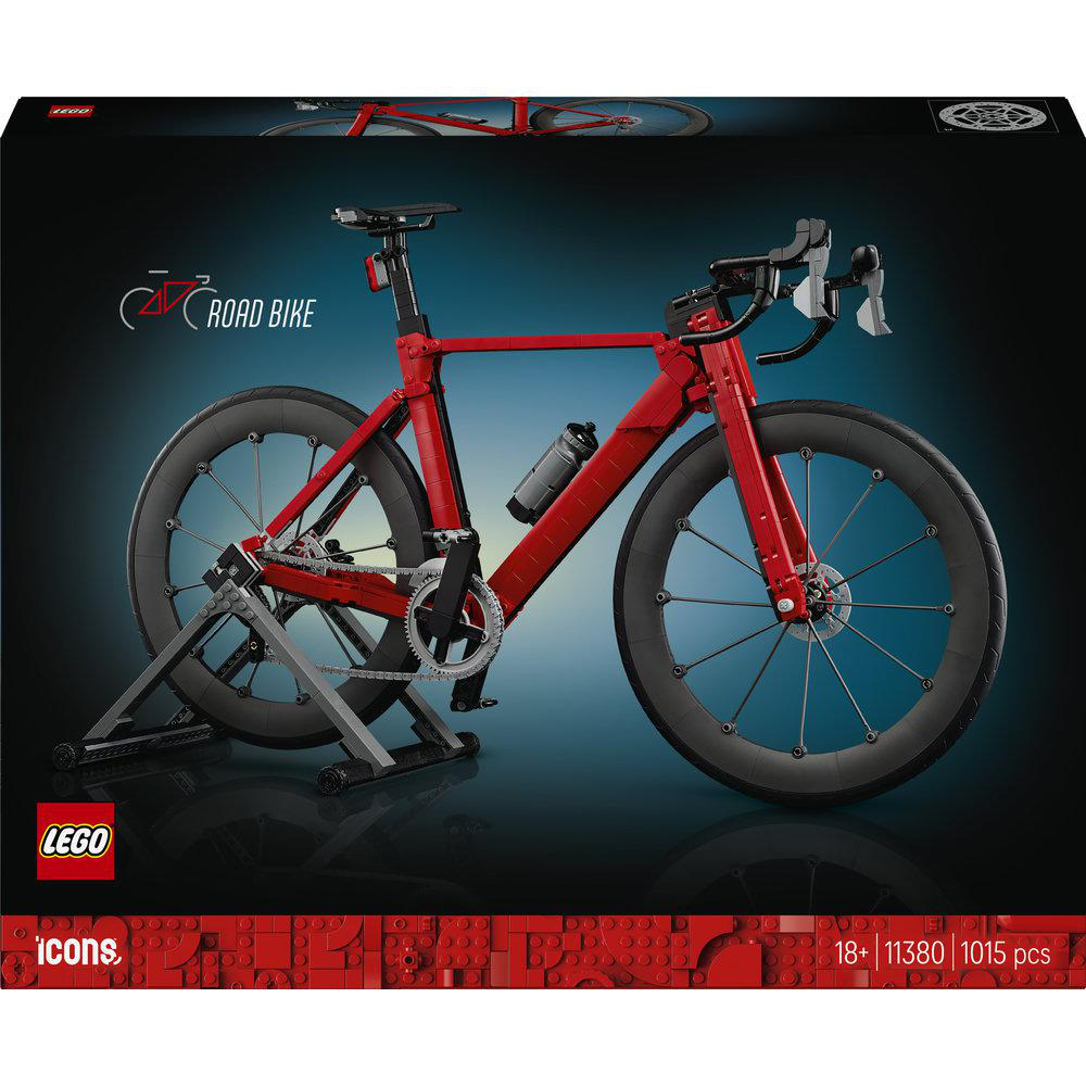 Ein rotes LEGO Rennrad-Set auf dunklem Hintergrund.