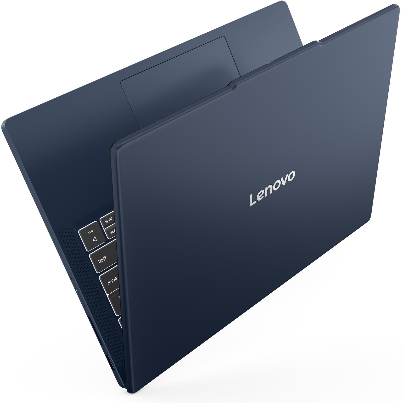 Egy sötétkék Lenovo laptop billentyűzettel és érintőpaddal.
