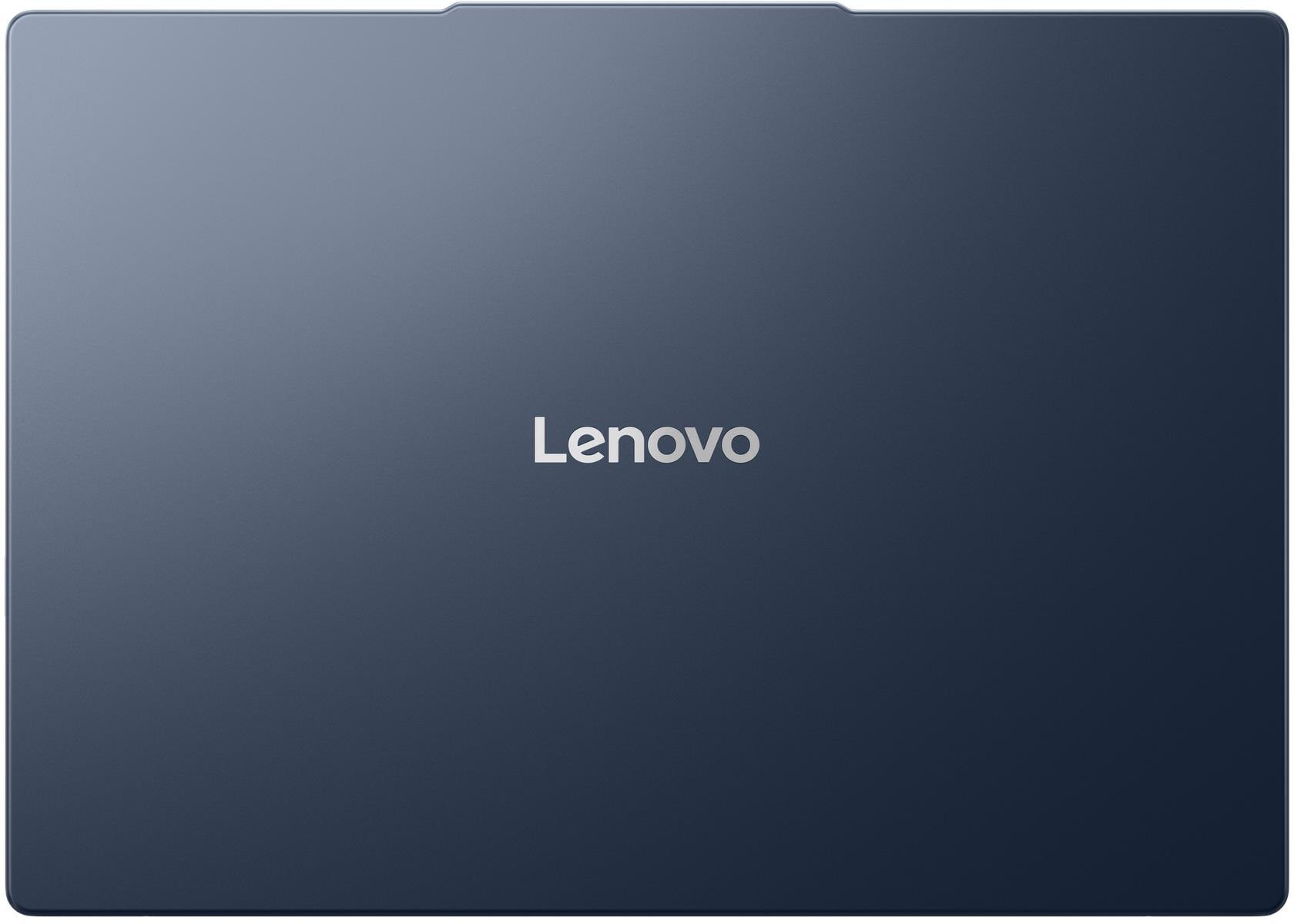 Zárt sötétkék Lenovo laptop ezüst logóval középen.