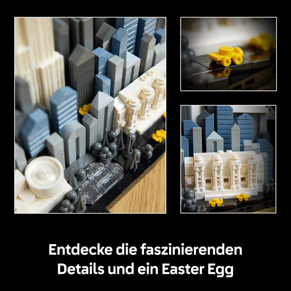 Lego-Stadtmodell mit Wolkenkratzern, einem gelben Auto und architektonischen Details.