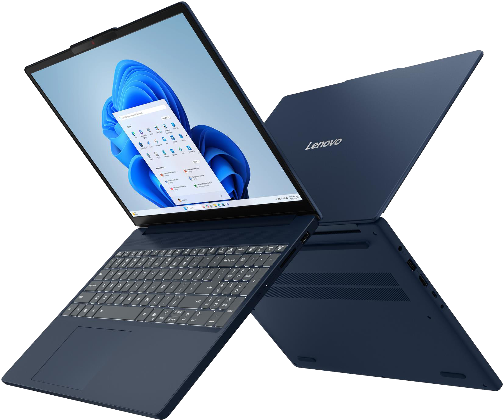 Egy sötétkék Lenovo laptop nyitva van, a Windows 11 start menüje látható a képernyőn.