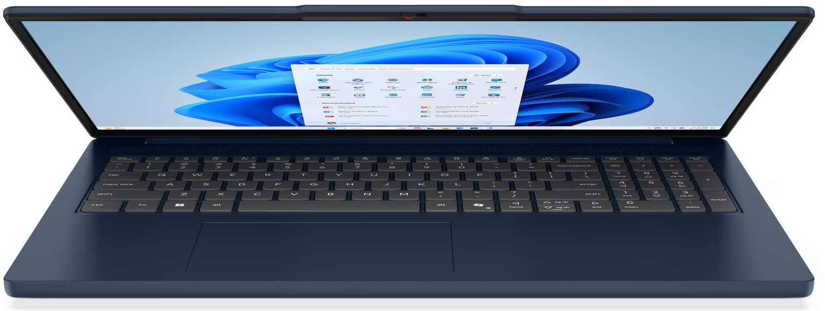 Sötétkék laptop nyitott képernyővel, Windows 11 Start menü látható rajta.
