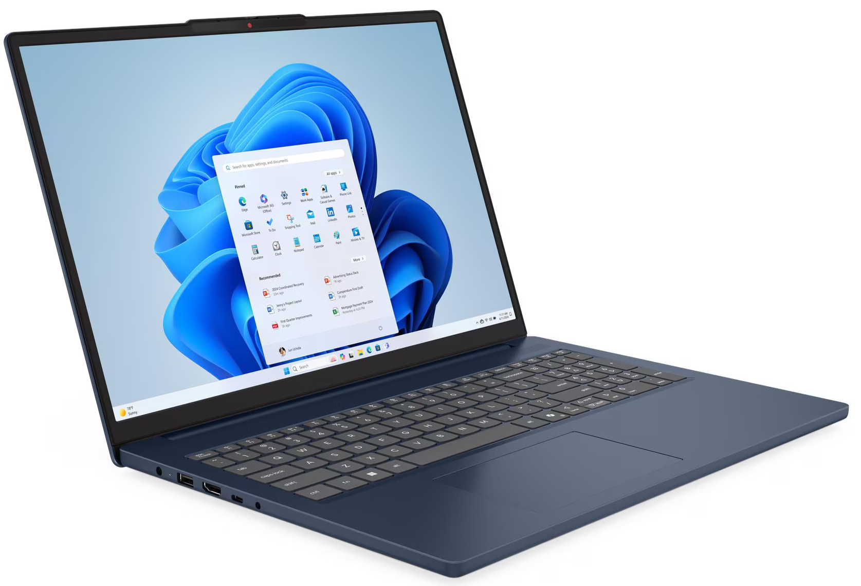 Sötétkék laptop nyitott start menüvel a képernyőn.