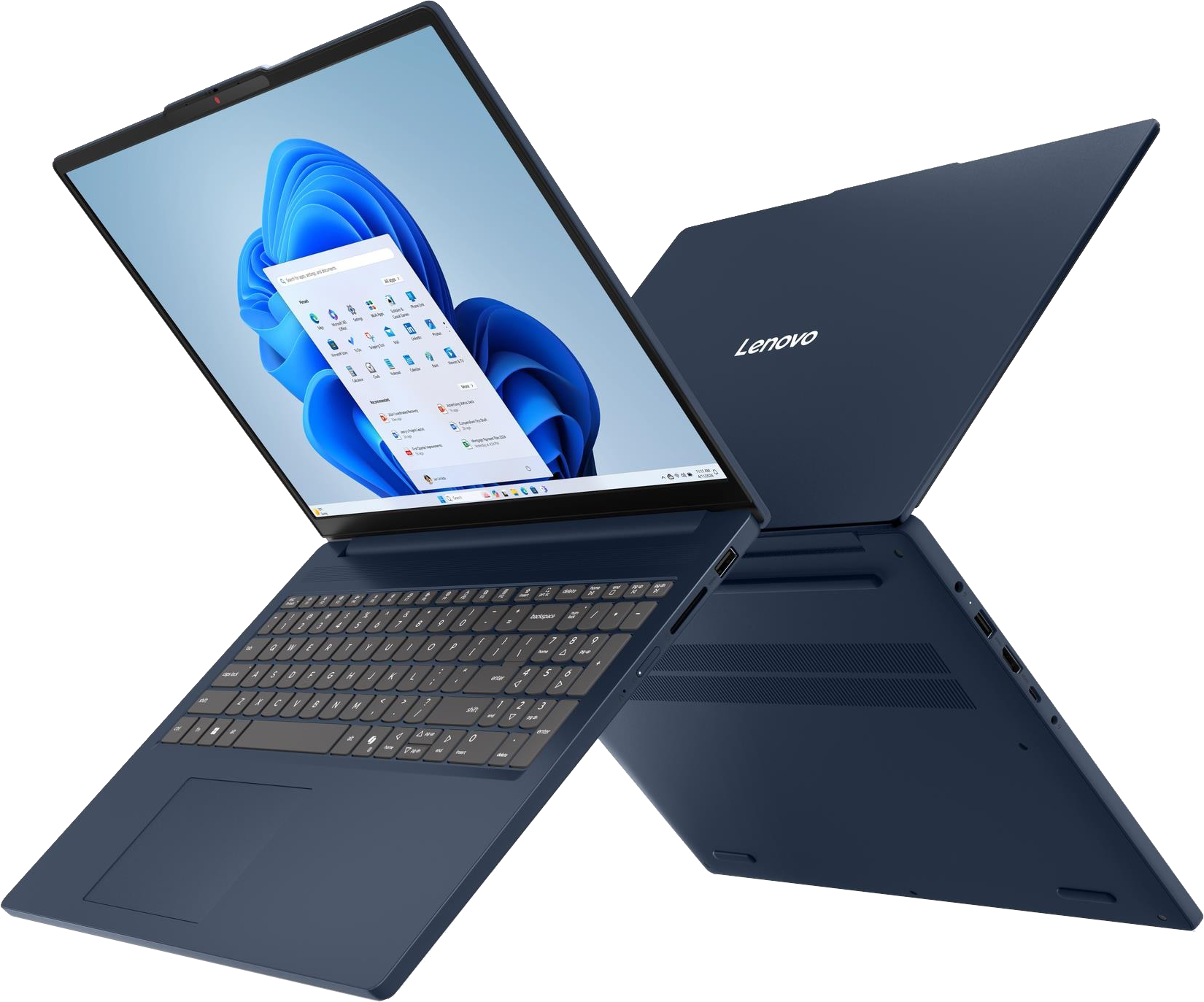 Egy nyitott, sötétkék Lenovo laptop Windows 11-et jelenít meg.