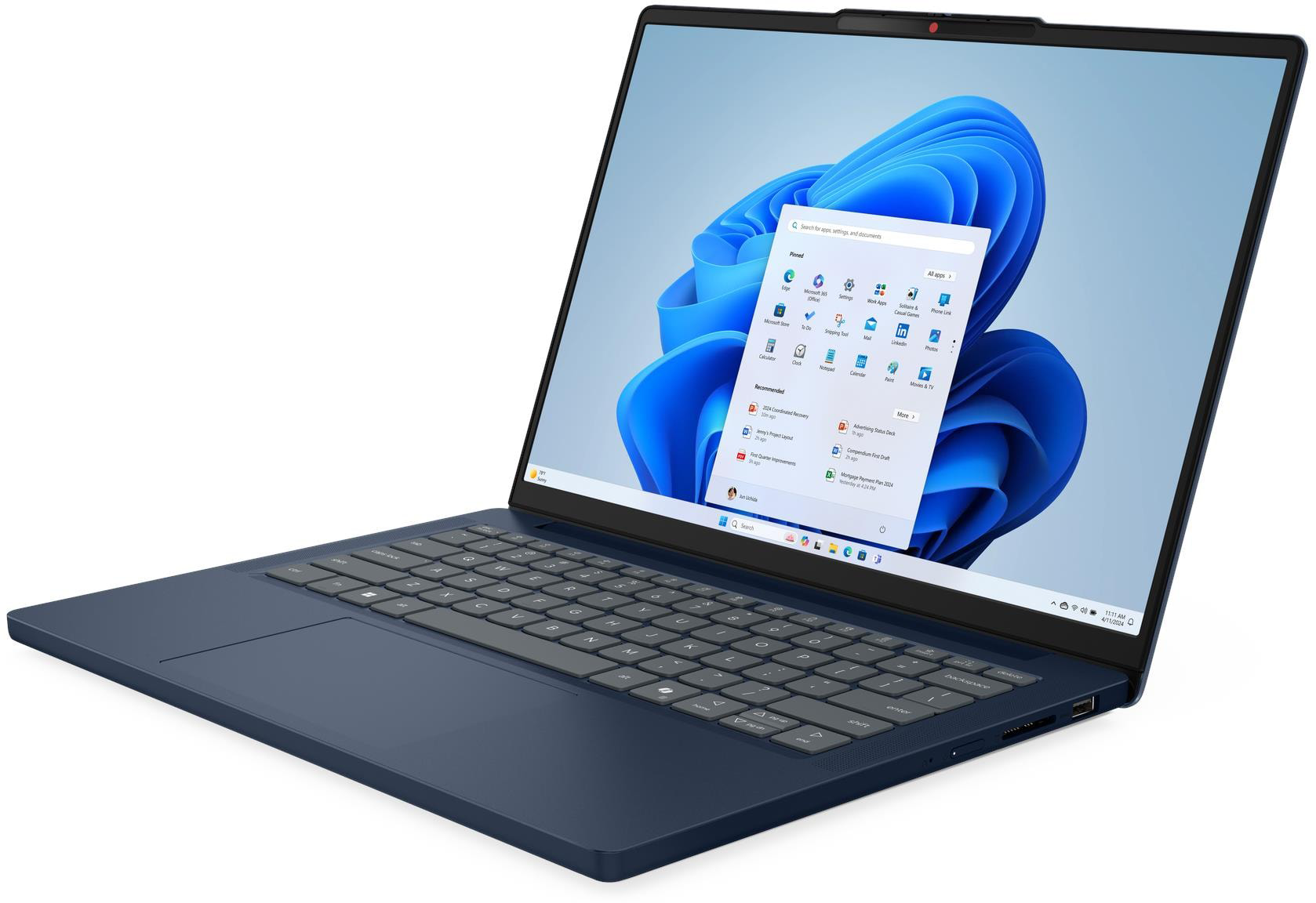 Egy nyitott, sötétkék laptop Windows 11 felülettel.