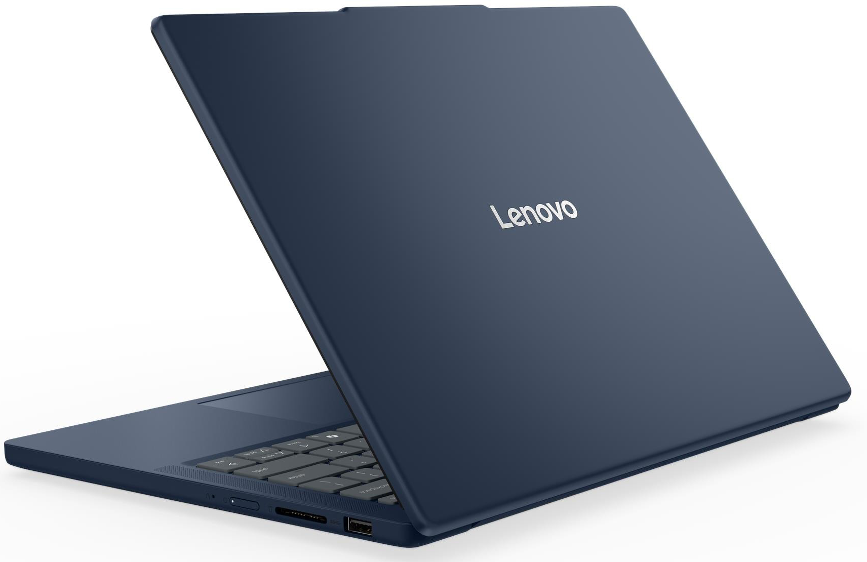 Sötétkék laptop Lenovo logóval, félig nyitott állapotban.