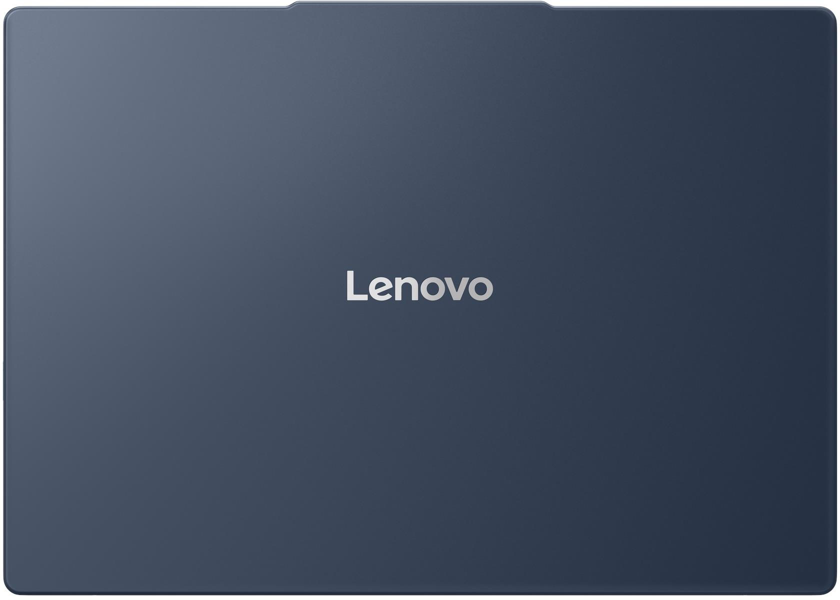 Zárt, sötétkék Lenovo laptop ezüst logóval.
