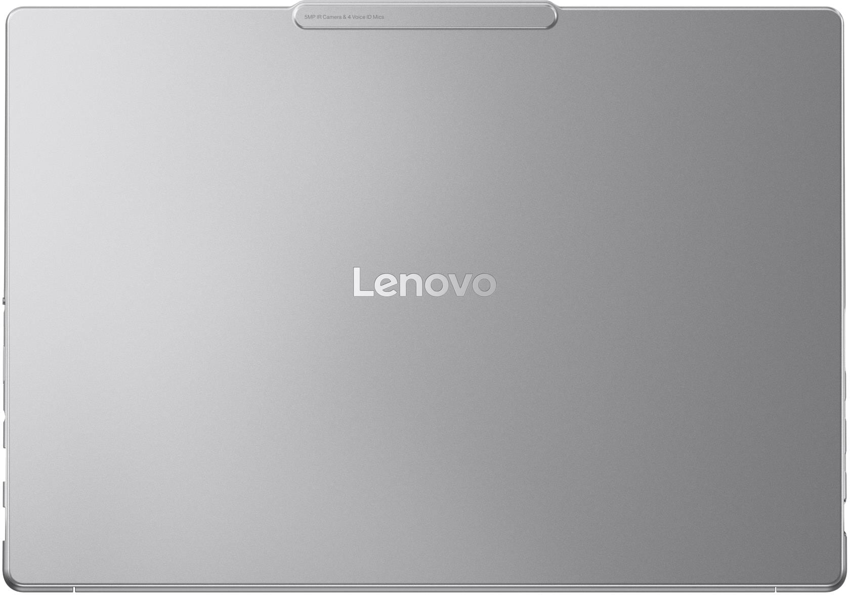 Ezüst Lenovo tablet hátoldala, előlapon kamerával és mikrofonokkal.