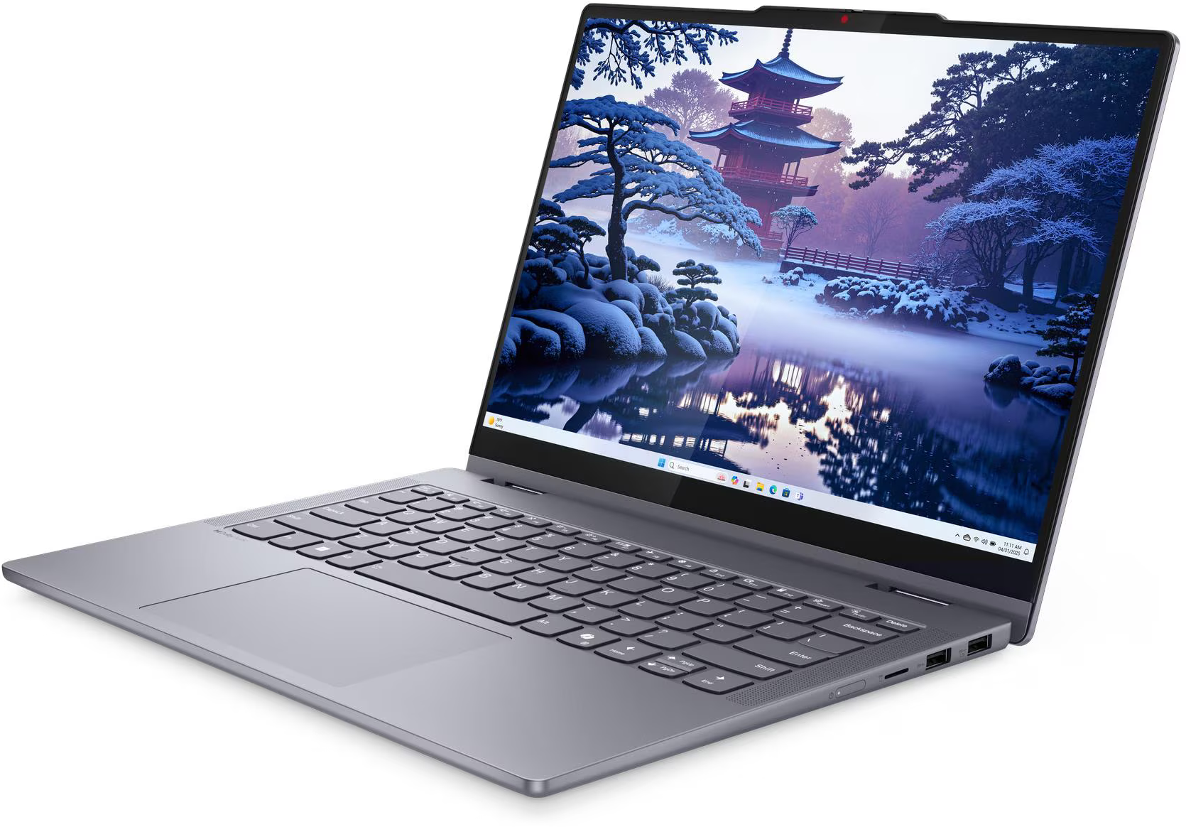 Egy szürke laptop, amelynek képernyőjén egy japán kert téli táj látható.