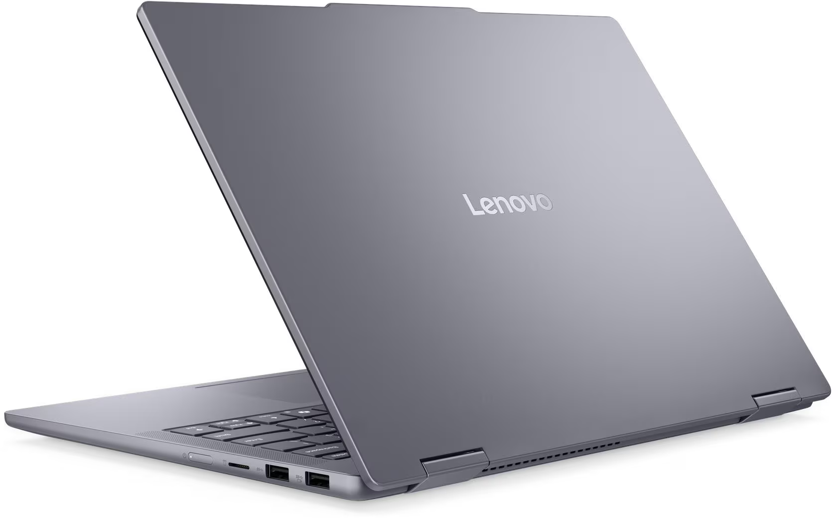 Egy zárt, szürke Lenovo laptop fehér háttéren.
