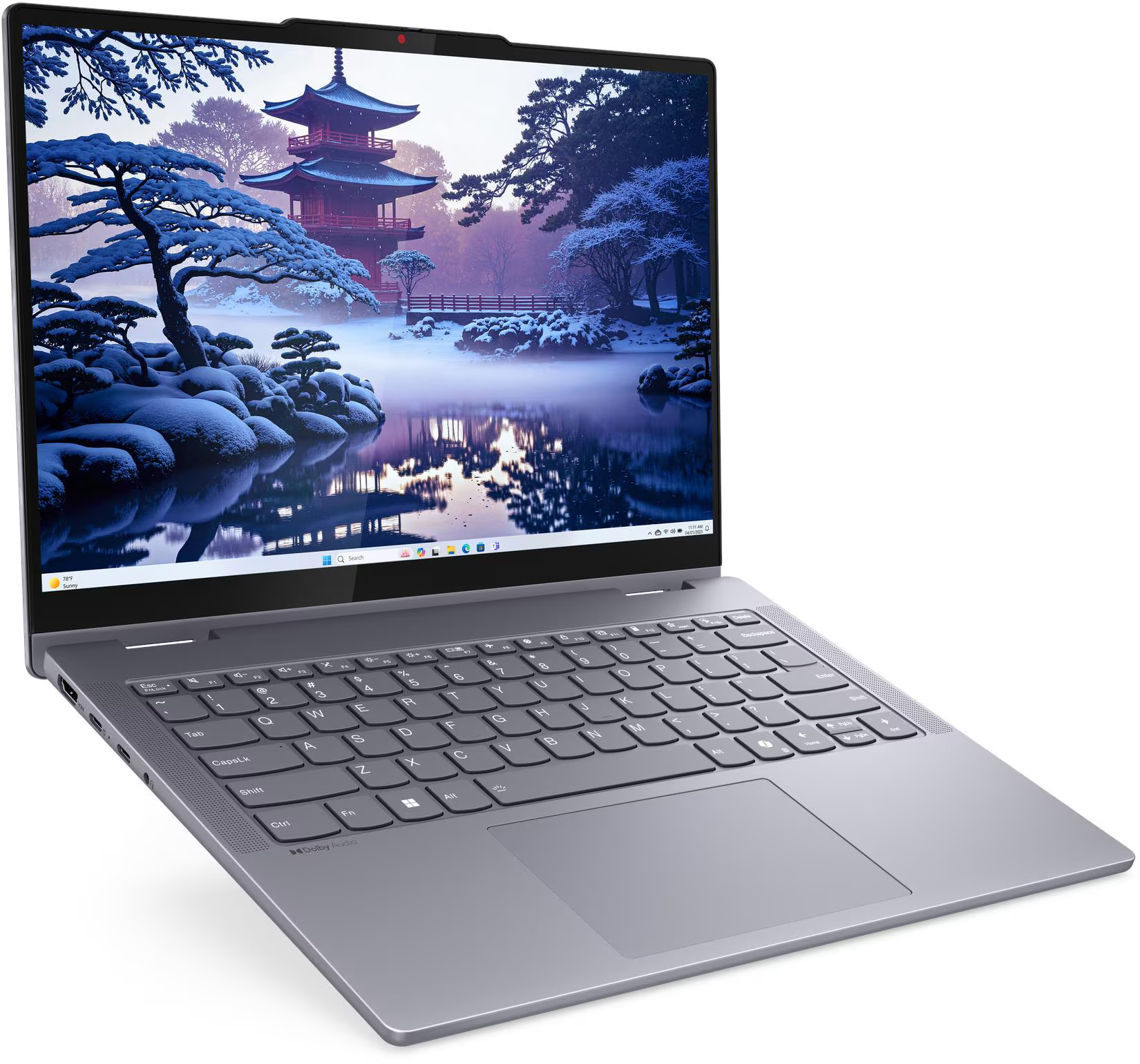 Ezüst laptop, téli japán stílusú képernyővel és billentyűzettel.