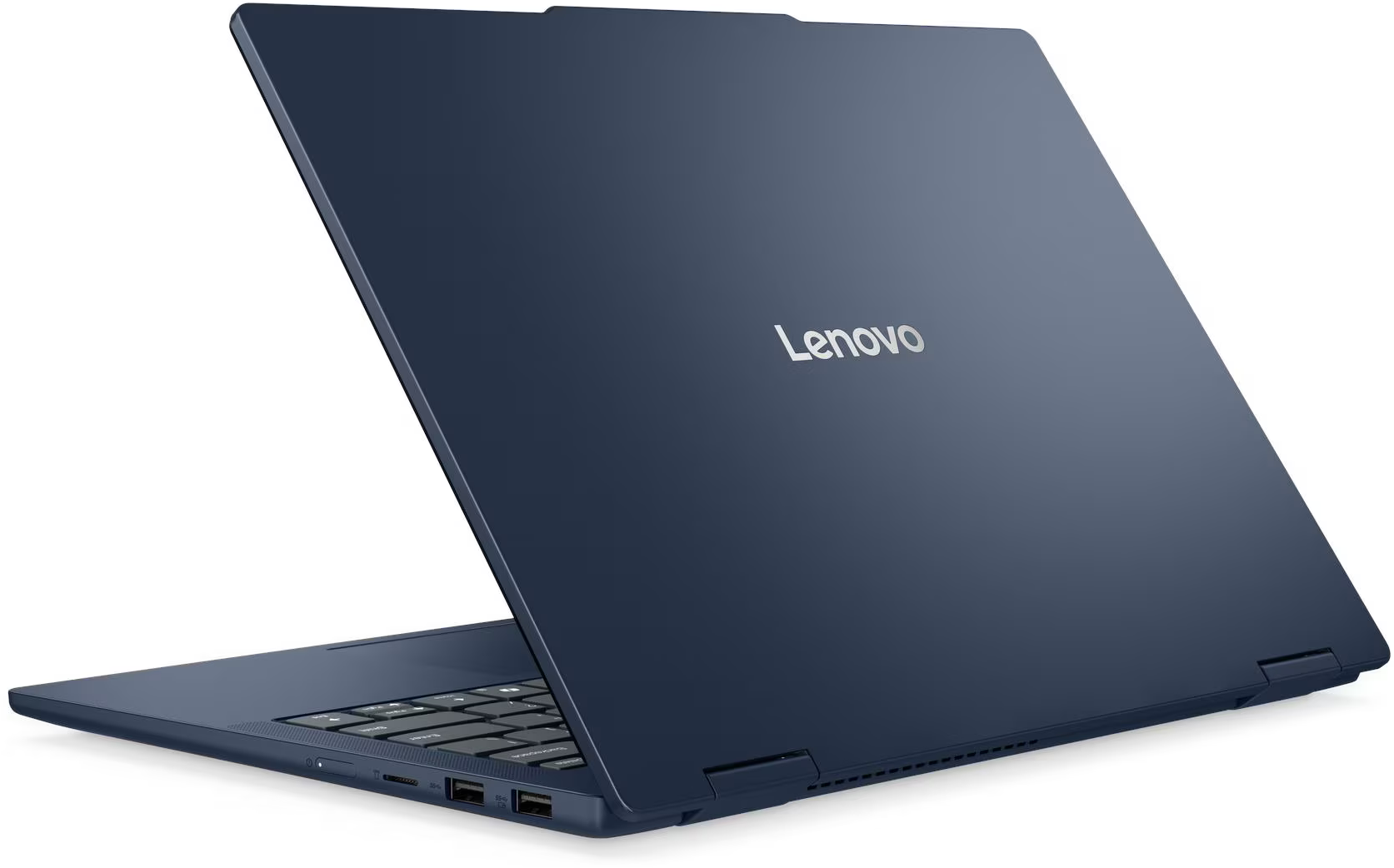 Egy nyitott, sötétkék Lenovo laptop ezüst logóval a fedélen.