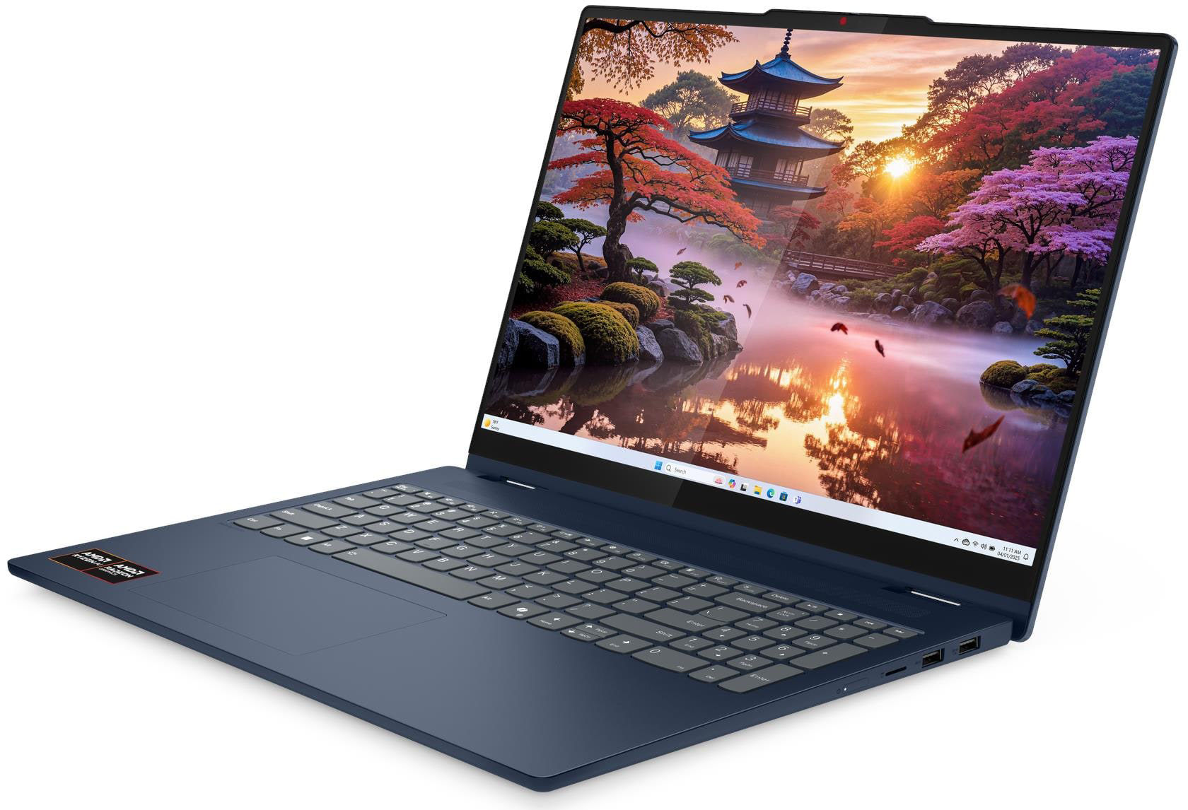 Kék laptop japán kertet ábrázoló screen, pagodával.