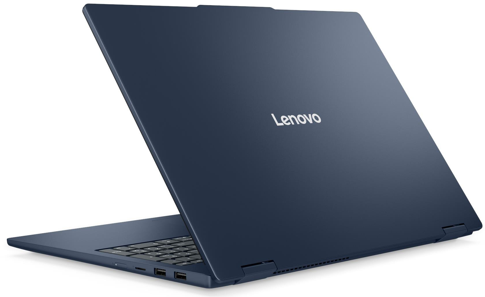 Egy sötétkék Lenovo laptop nyitva, billentyűzet látható.