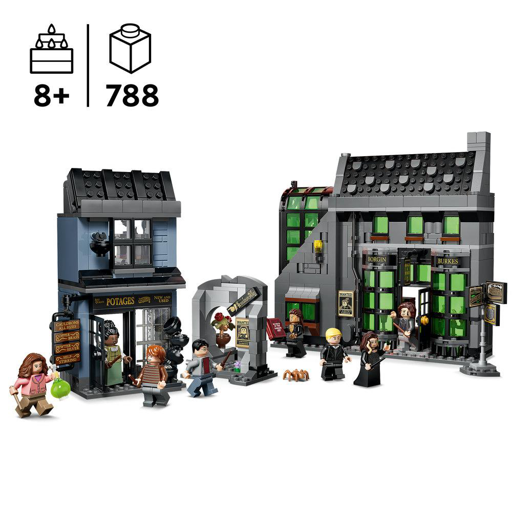 Lego Harry Potter Set mit zwei Gebäuden, Figuren und Zubehör. Enthält 'Potages' und 'Borgin and Burkes' Läden.