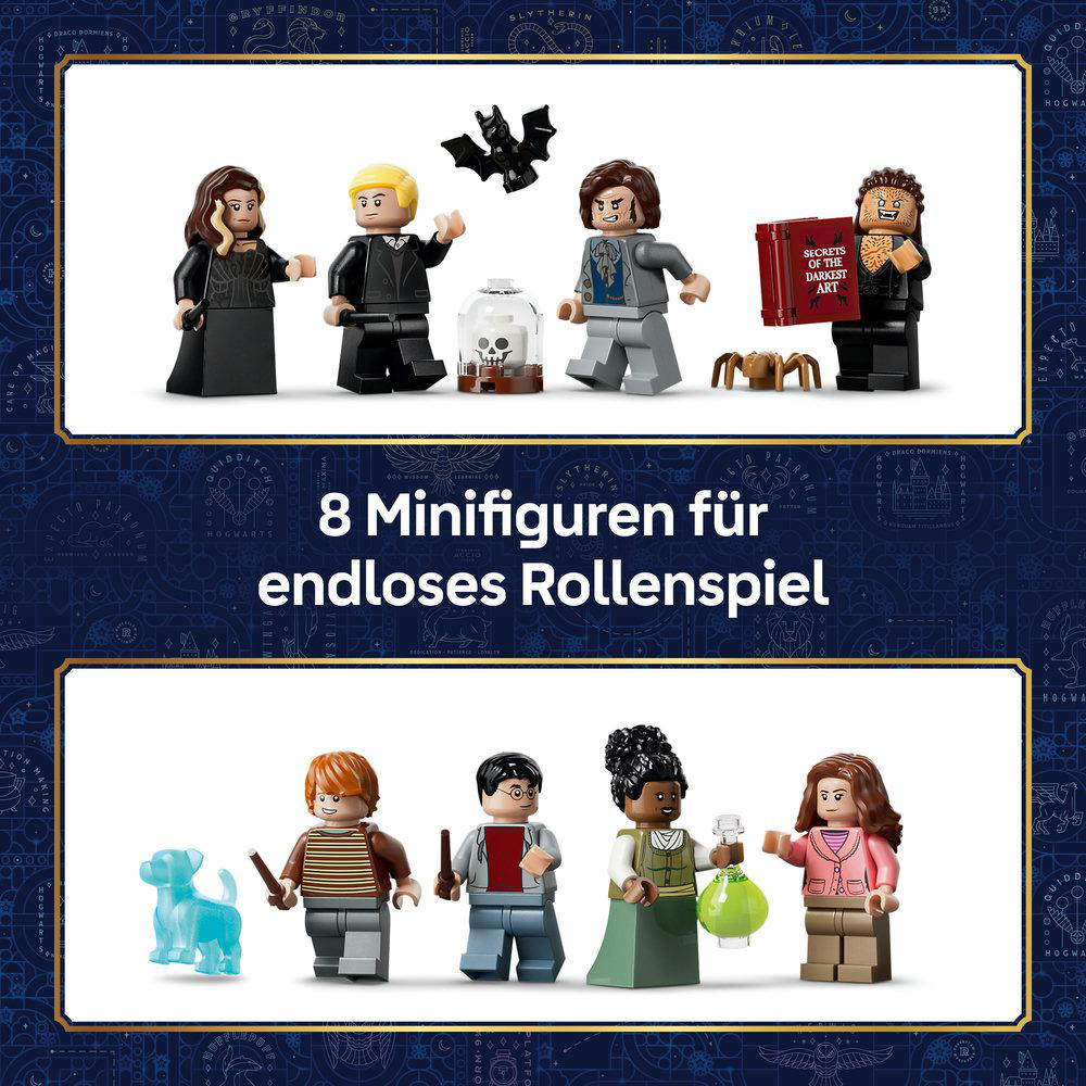 LEGO Harry Potter Figuren: 4 Figuren oben, 4 unten. Mit Buch, Spinne, Geist & Hund.