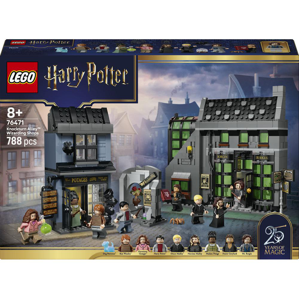 LEGO Harry Potter: Knokturngasse Zaubererläden mit Minifiguren und detailreichen Gebäuden.