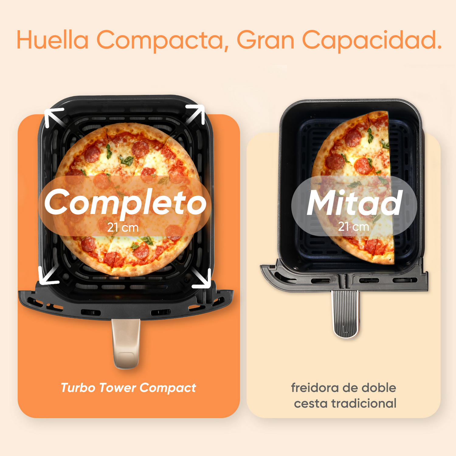 Dos freidoras de aire, una con pizza completa, otra con media.