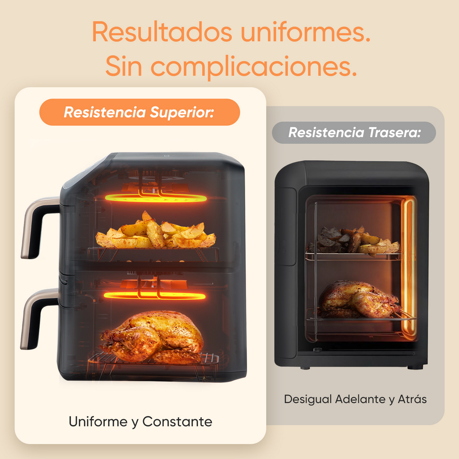 Dos freidoras de aire: una con pollo y papas fritas, la otra con pollo y papas fritas.
