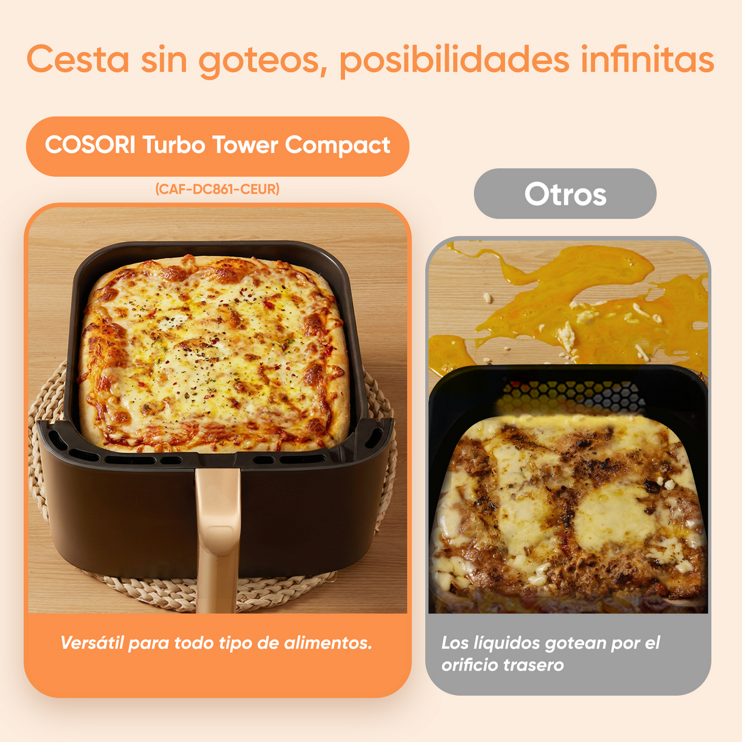 Freidora de aire con pizza y comparación con huevo derramado.