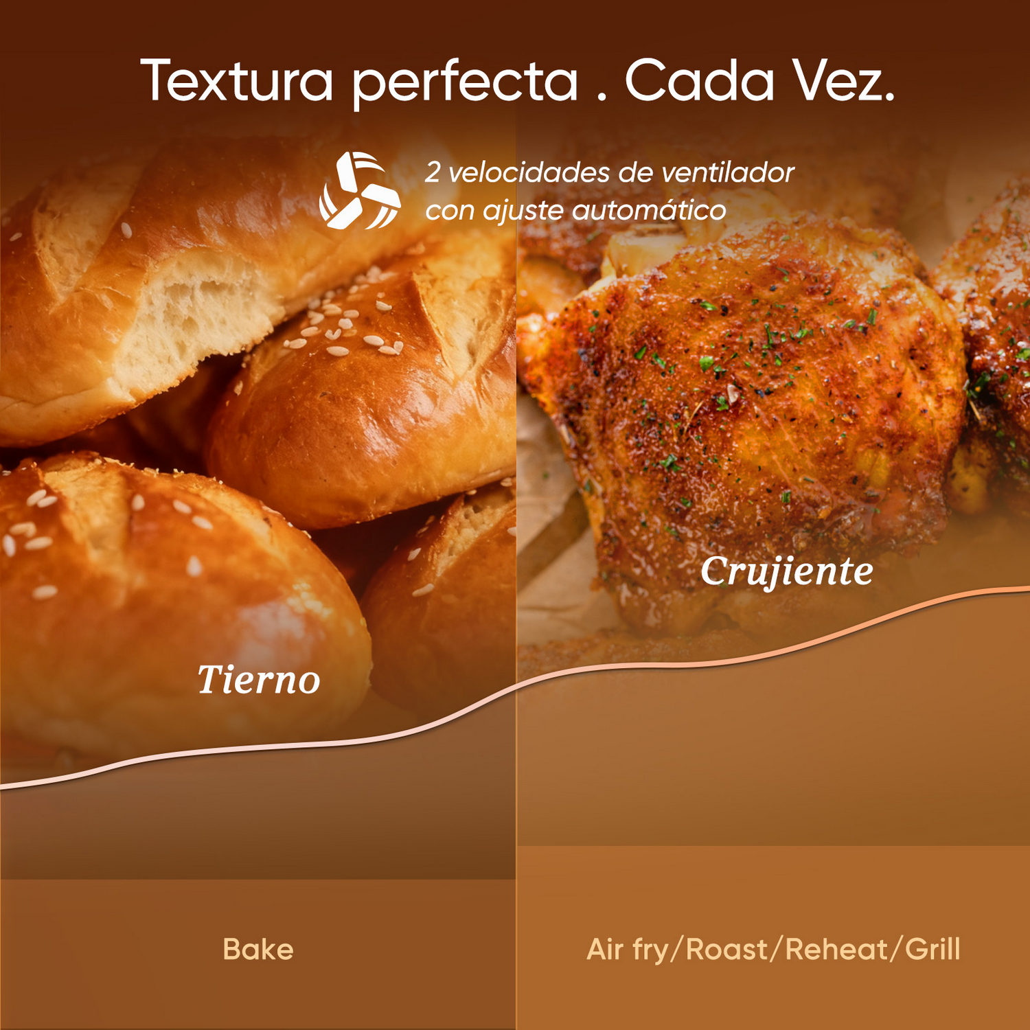 Textura perfecta: Pan tierno a la izquierda, pollo crujiente a la derecha. Hornear/Freír al aire/Asar/Recalentar/Grill.