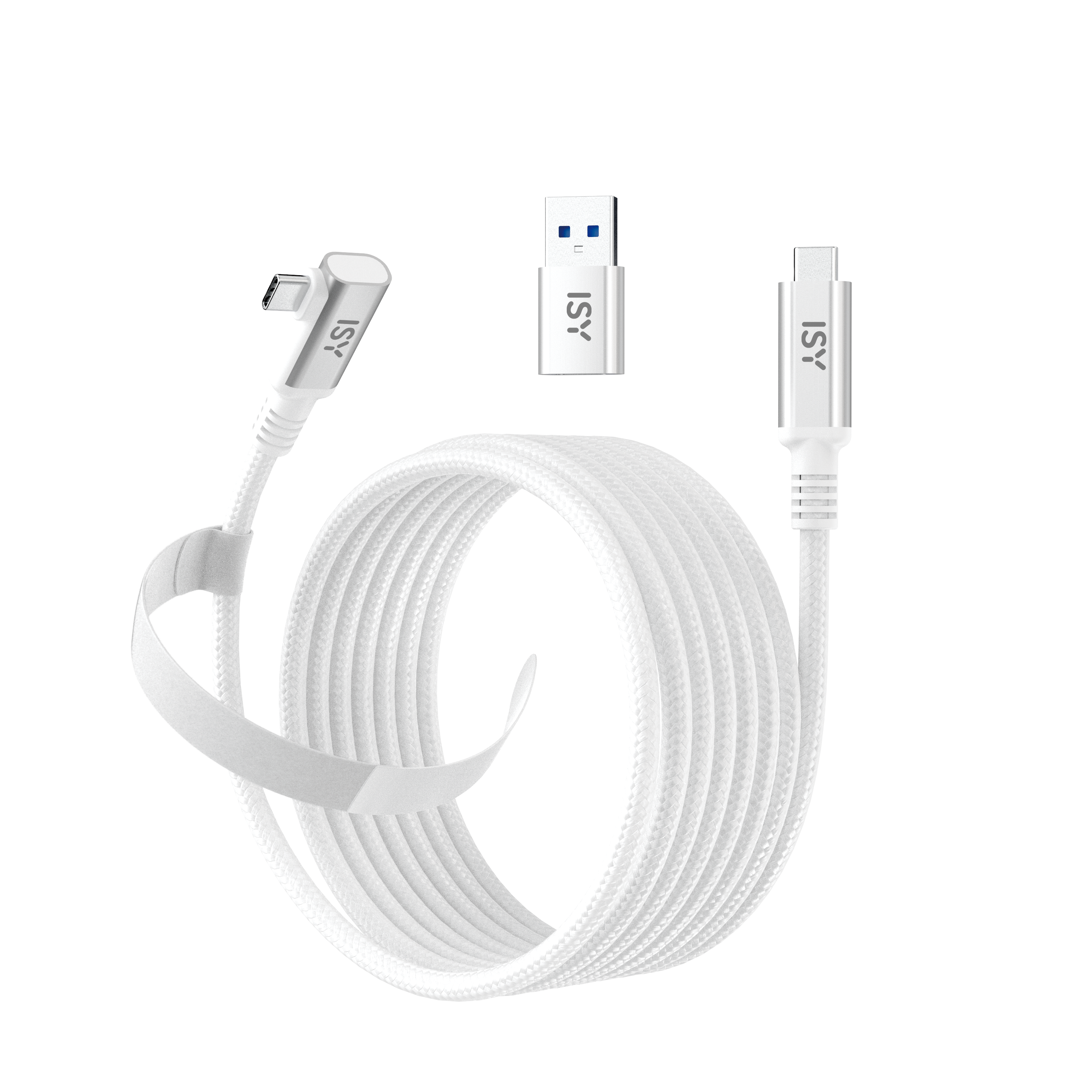 Weißes USB-C-Kabel mit gewinkeltem Stecker und USB-A-Adapter auf schwarzem Hintergrund.