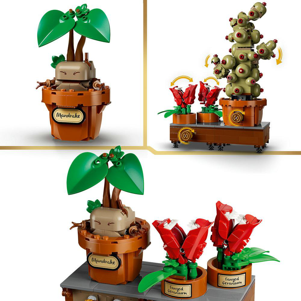 Lego-Set magischer Pflanzen: Mandragora und Fang-Geranien in Töpfen.