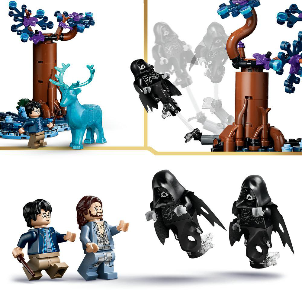 Lego-Figuren: Junge mit Zauberstab, Mann im Anzug, zwei. Blaue Hirschfigur.