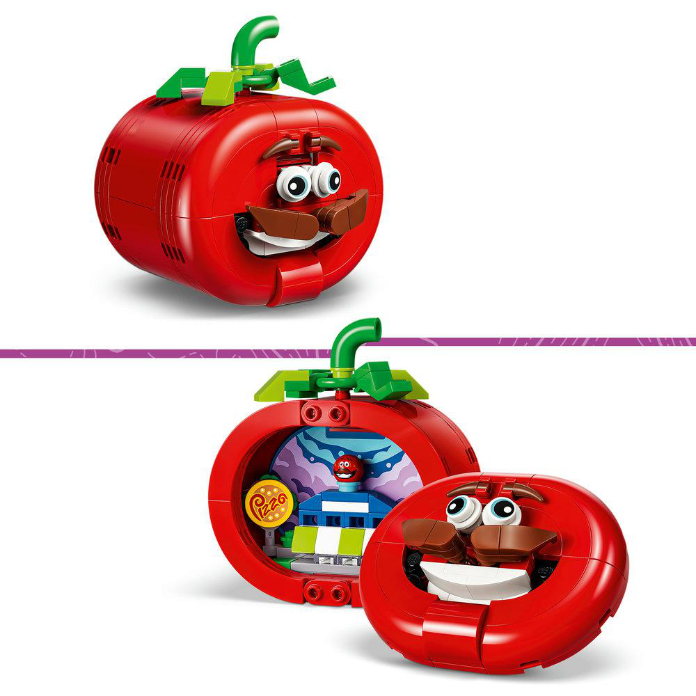 Rote Tomatenfigur, eine geöffnet mit Pizza, eine geschlossen mit Gesicht.