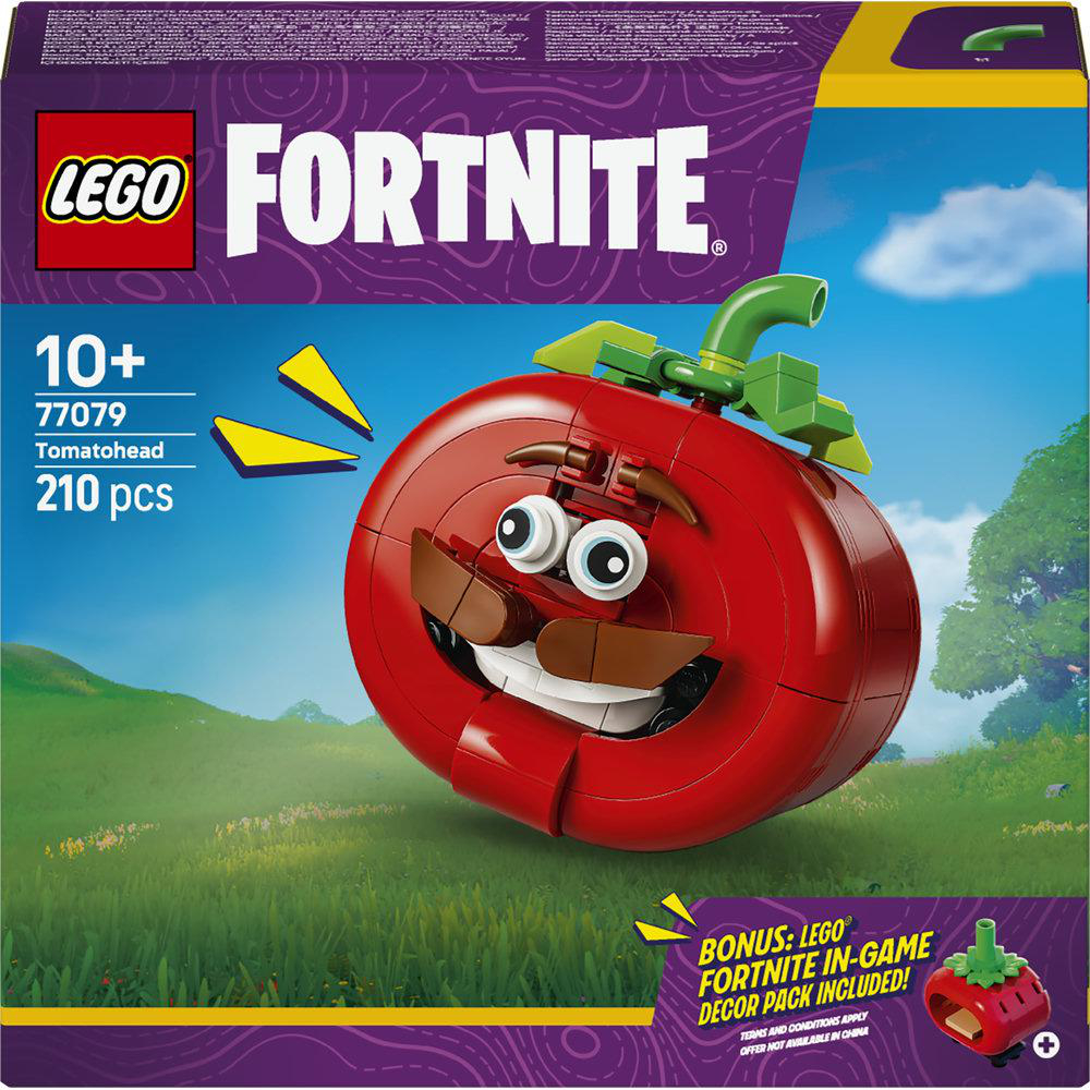 LEGO Fortnite Tomatohead Set mit 210 Teilen, zeigt eine rote Tomate mit Gesicht.