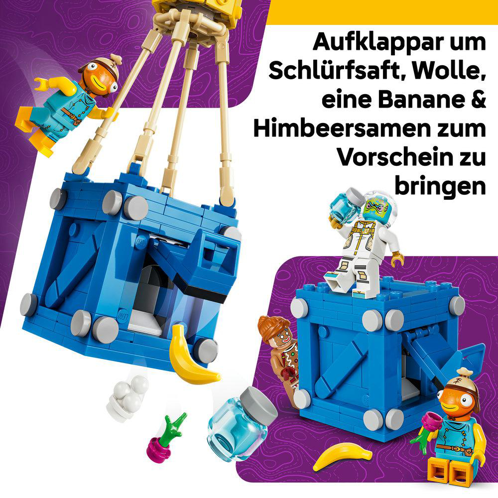 LEGO Figuren mit blauer Kiste, Banane, Beeren, Wollknäuel & Saft.