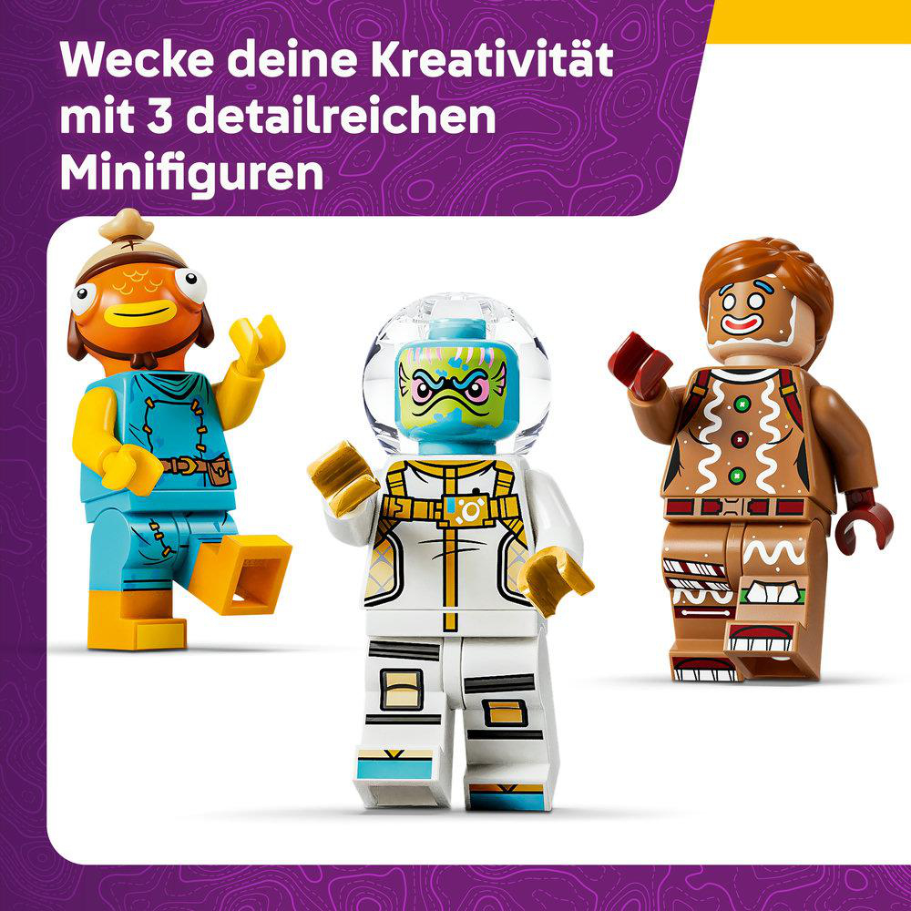 Drei bunte Lego-Minifiguren: Fischkopf, Astronaut und Lebkuchenmann.