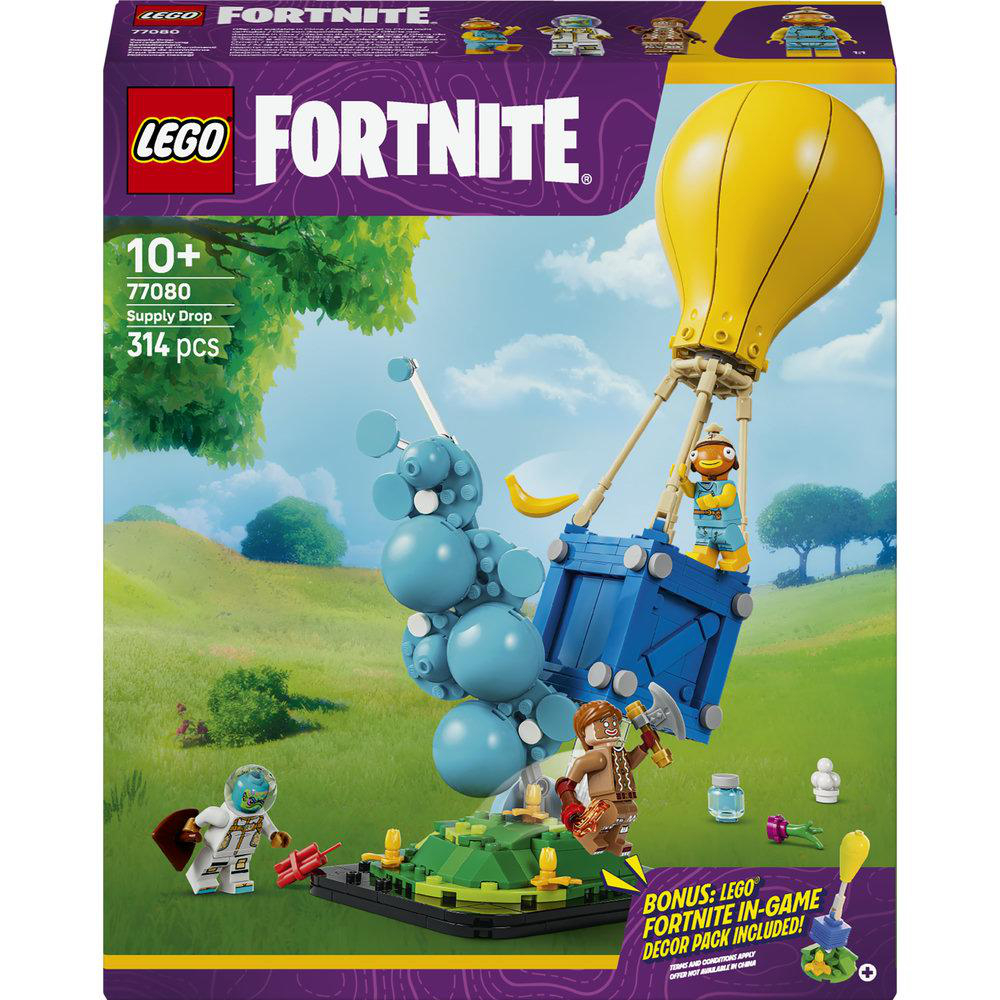 LEGO Fortnite Set: Ein gelber Ballon trägt eine blaue Kiste mit Figuren über eine grüne Landschaft.