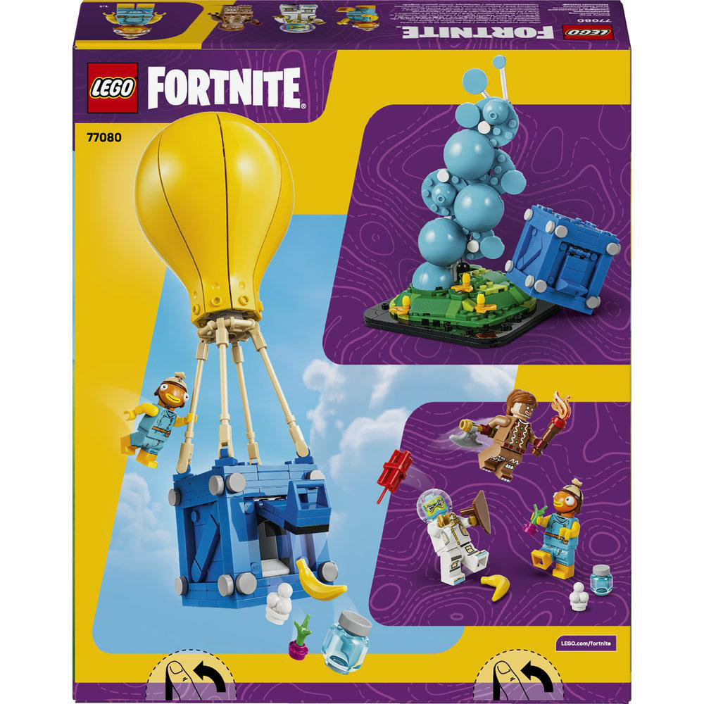 Lego Fortnite Set 77080 mit Figuren, Ballon und Kiste im Himmel.