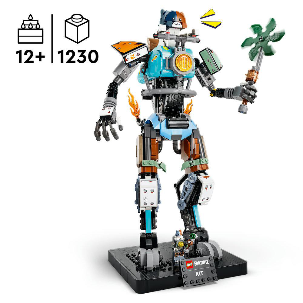 Ein bunter Lego-Roboter mit Katzenohren, der auf einer schwarzen Basis steht.