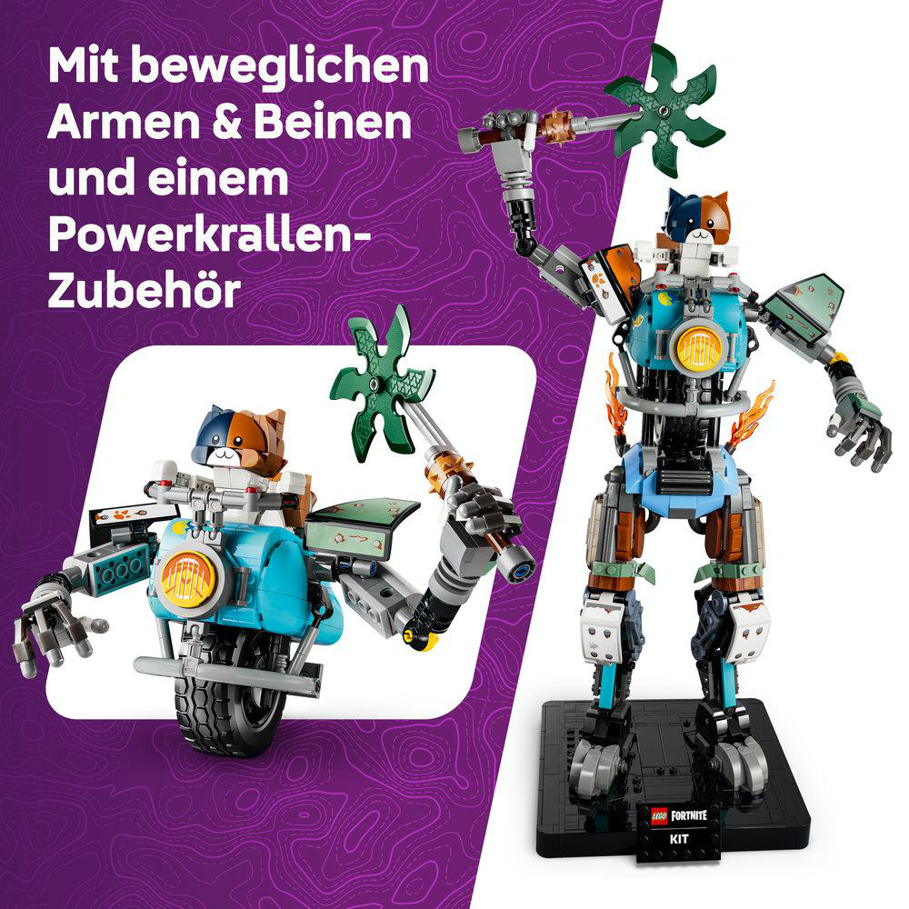 LEGO Fortnite Kit: Ein Roboter mit Katzenkopf und ein Fahrzeug mit Katzenkopf.