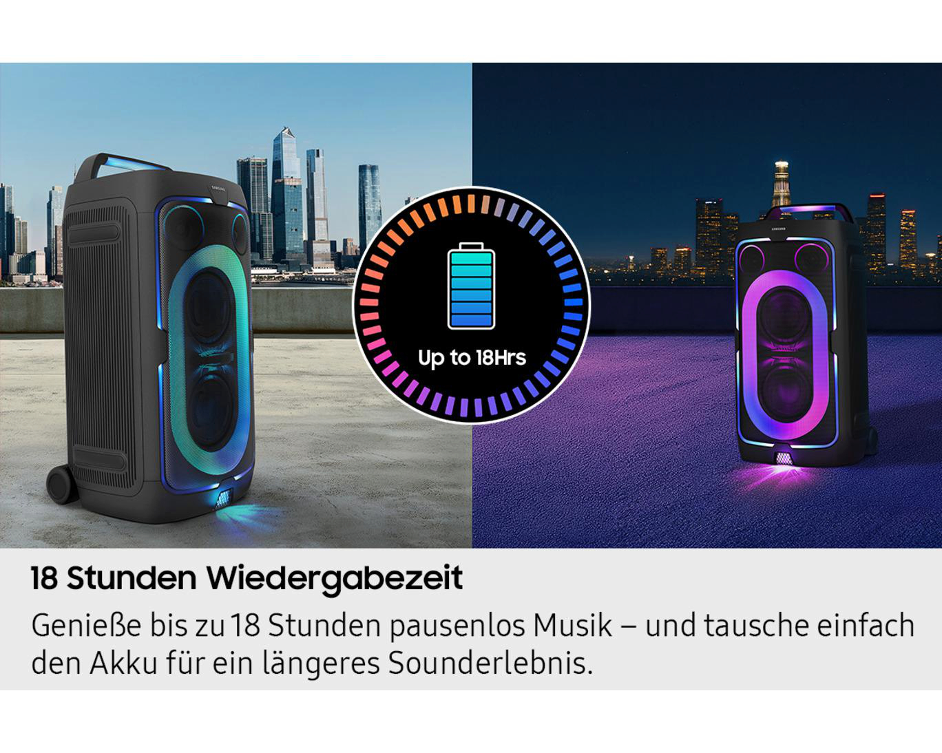 Ein beleuchteter Lautsprecher steht tagsüber und nachts vor Stadtsilhouetten.